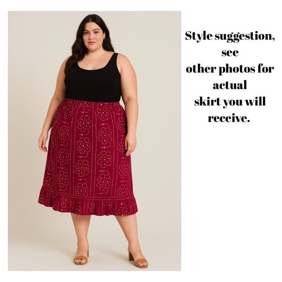 Boho Chic Burgundy Sequin Ruffle Hem Midi Skirt Plus Size 3X Festival Vacation - Picture 6 of 6